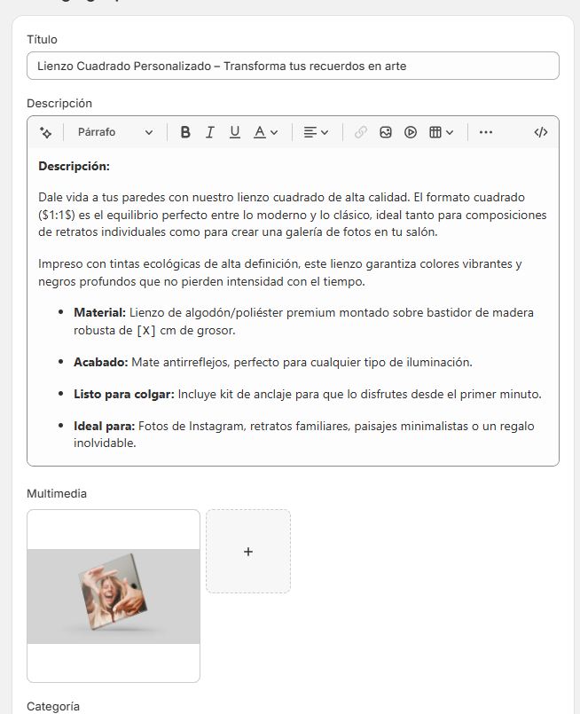 Añadir producto Shopify